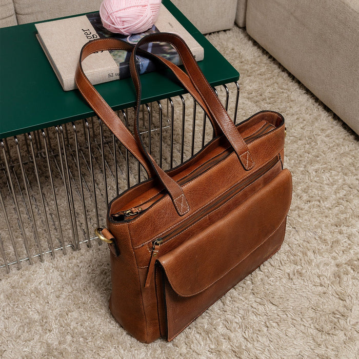 Project 138 Knitting Project Bag in walnut leather with multiple pockets and shoulder straps