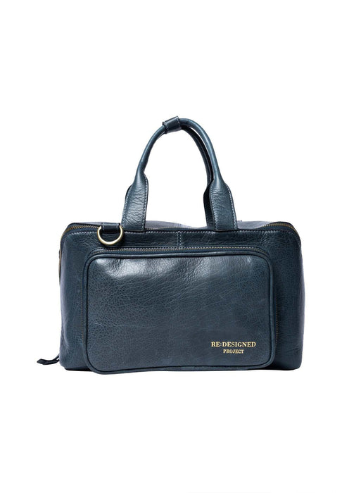 Project 39 Knitting Project Bag in sapphire blue leather with spacious compartments and sturdy handles