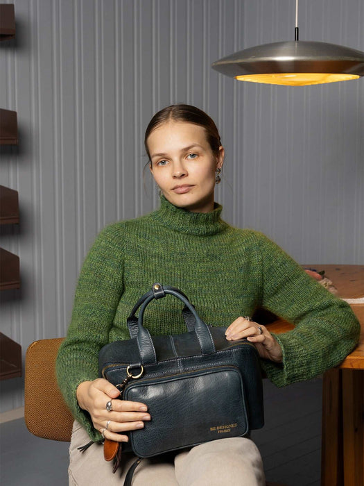Project 39 Knitting Project Bag in sapphire blue leather with spacious compartments and sturdy handles