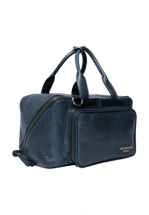Sapphire blue Project 39 Knitting Project Bag in leather with front pocket and detachable strap