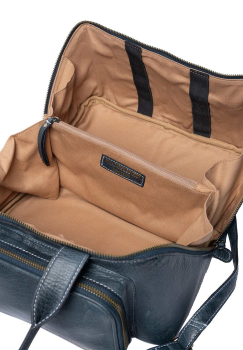 Project 39 Knitting Project Bag in sapphire blue leather with spacious compartments and sturdy handles