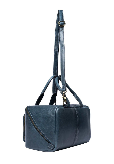 Project 39 Knitting Project Bag in sapphire blue leather with sturdy handles and angled metal zip